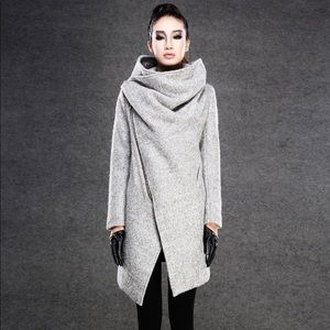 Asymmetrical Wool Coat - grey - cowl neck